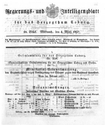 Regierungs- und Intelligenzblatt für das Herzogtum Coburg (Coburger Regierungs-Blatt) Mittwoch 4. März 1857