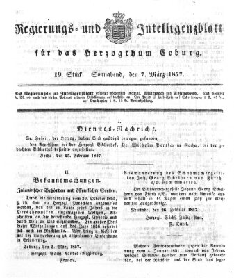 Regierungs- und Intelligenzblatt für das Herzogtum Coburg (Coburger Regierungs-Blatt) Samstag 7. März 1857