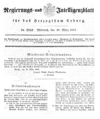 Regierungs- und Intelligenzblatt für das Herzogtum Coburg (Coburger Regierungs-Blatt) Mittwoch 18. März 1857