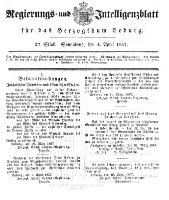 Regierungs- und Intelligenzblatt für das Herzogtum Coburg (Coburger Regierungs-Blatt) Samstag 4. April 1857