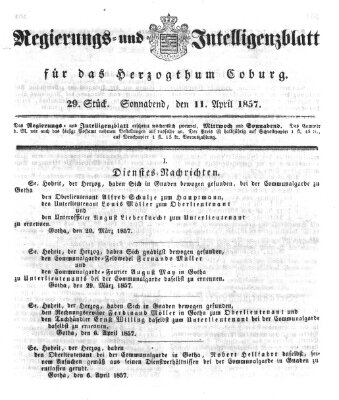 Regierungs- und Intelligenzblatt für das Herzogtum Coburg (Coburger Regierungs-Blatt) Samstag 11. April 1857