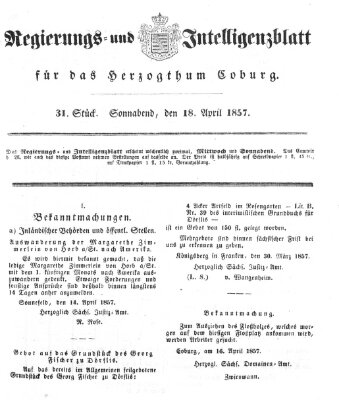 Regierungs- und Intelligenzblatt für das Herzogtum Coburg (Coburger Regierungs-Blatt) Samstag 18. April 1857