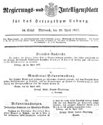 Regierungs- und Intelligenzblatt für das Herzogtum Coburg (Coburger Regierungs-Blatt) Mittwoch 29. April 1857