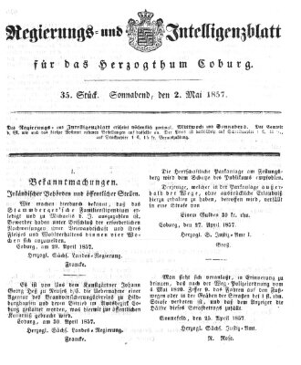 Regierungs- und Intelligenzblatt für das Herzogtum Coburg (Coburger Regierungs-Blatt) Samstag 2. Mai 1857