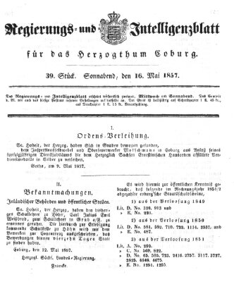 Regierungs- und Intelligenzblatt für das Herzogtum Coburg (Coburger Regierungs-Blatt) Samstag 16. Mai 1857