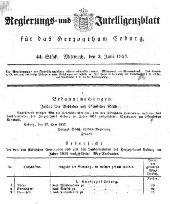 Regierungs- und Intelligenzblatt für das Herzogtum Coburg (Coburger Regierungs-Blatt) Mittwoch 3. Juni 1857