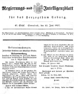 Regierungs- und Intelligenzblatt für das Herzogtum Coburg (Coburger Regierungs-Blatt) Samstag 13. Juni 1857