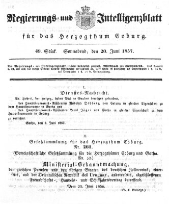 Regierungs- und Intelligenzblatt für das Herzogtum Coburg (Coburger Regierungs-Blatt) Samstag 20. Juni 1857