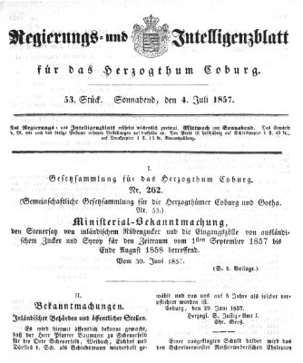 Regierungs- und Intelligenzblatt für das Herzogtum Coburg (Coburger Regierungs-Blatt) Samstag 4. Juli 1857