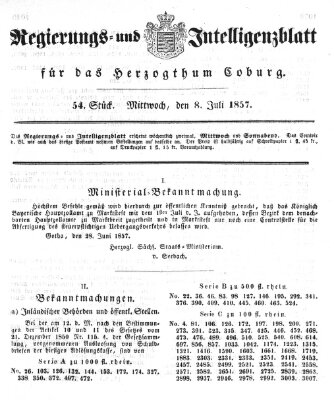 Regierungs- und Intelligenzblatt für das Herzogtum Coburg (Coburger Regierungs-Blatt) Mittwoch 8. Juli 1857