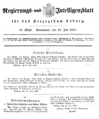 Regierungs- und Intelligenzblatt für das Herzogtum Coburg (Coburger Regierungs-Blatt) Samstag 18. Juli 1857