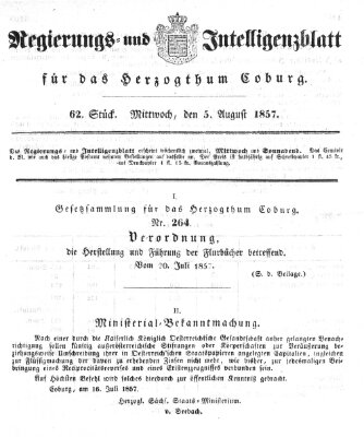 Regierungs- und Intelligenzblatt für das Herzogtum Coburg (Coburger Regierungs-Blatt) Mittwoch 5. August 1857