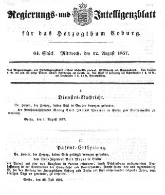 Regierungs- und Intelligenzblatt für das Herzogtum Coburg (Coburger Regierungs-Blatt) Mittwoch 12. August 1857