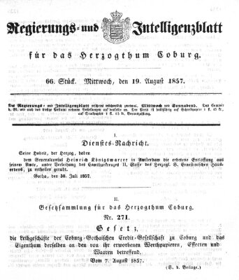 Regierungs- und Intelligenzblatt für das Herzogtum Coburg (Coburger Regierungs-Blatt) Mittwoch 19. August 1857