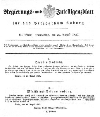 Regierungs- und Intelligenzblatt für das Herzogtum Coburg (Coburger Regierungs-Blatt) Samstag 29. August 1857