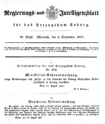 Regierungs- und Intelligenzblatt für das Herzogtum Coburg (Coburger Regierungs-Blatt) Mittwoch 2. September 1857