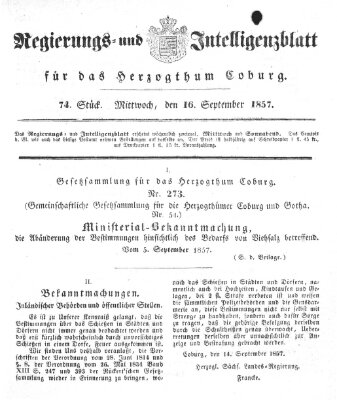 Regierungs- und Intelligenzblatt für das Herzogtum Coburg (Coburger Regierungs-Blatt) Mittwoch 16. September 1857