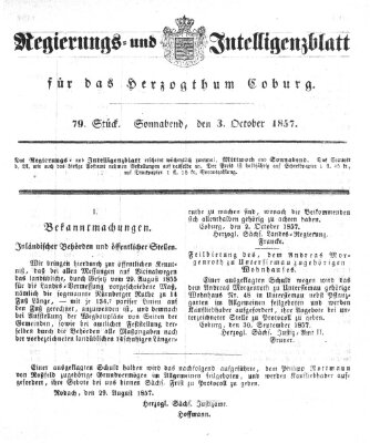 Regierungs- und Intelligenzblatt für das Herzogtum Coburg (Coburger Regierungs-Blatt) Samstag 3. Oktober 1857