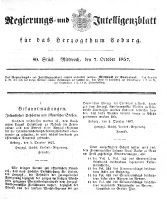 Regierungs- und Intelligenzblatt für das Herzogtum Coburg (Coburger Regierungs-Blatt) Mittwoch 7. Oktober 1857