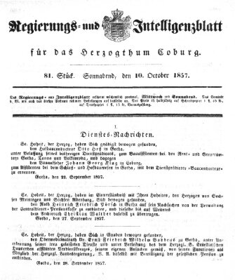 Regierungs- und Intelligenzblatt für das Herzogtum Coburg (Coburger Regierungs-Blatt) Samstag 10. Oktober 1857