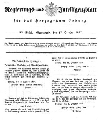 Regierungs- und Intelligenzblatt für das Herzogtum Coburg (Coburger Regierungs-Blatt) Samstag 17. Oktober 1857