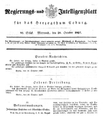 Regierungs- und Intelligenzblatt für das Herzogtum Coburg (Coburger Regierungs-Blatt) Mittwoch 28. Oktober 1857