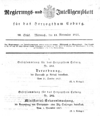 Regierungs- und Intelligenzblatt für das Herzogtum Coburg (Coburger Regierungs-Blatt) Mittwoch 11. November 1857