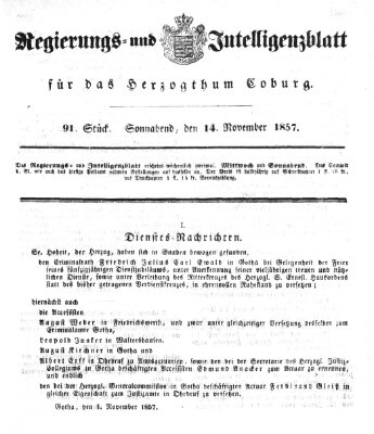 Regierungs- und Intelligenzblatt für das Herzogtum Coburg (Coburger Regierungs-Blatt) Samstag 14. November 1857