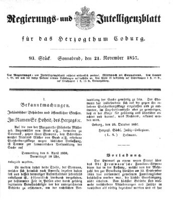 Regierungs- und Intelligenzblatt für das Herzogtum Coburg (Coburger Regierungs-Blatt) Samstag 21. November 1857