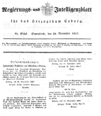 Regierungs- und Intelligenzblatt für das Herzogtum Coburg (Coburger Regierungs-Blatt) Samstag 28. November 1857