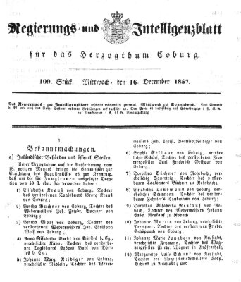 Regierungs- und Intelligenzblatt für das Herzogtum Coburg (Coburger Regierungs-Blatt) Mittwoch 16. Dezember 1857