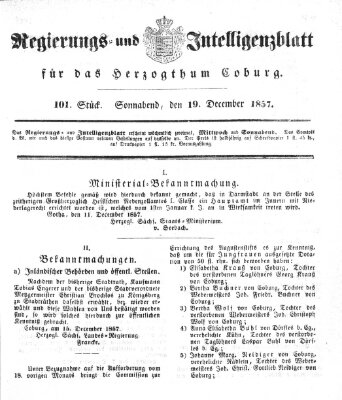 Regierungs- und Intelligenzblatt für das Herzogtum Coburg (Coburger Regierungs-Blatt) Samstag 19. Dezember 1857