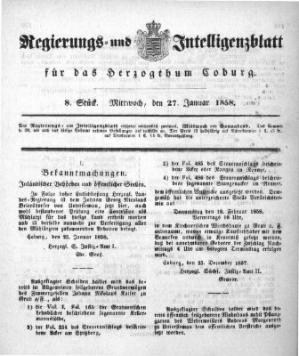 Regierungs- und Intelligenzblatt für das Herzogtum Coburg (Coburger Regierungs-Blatt) Mittwoch 27. Januar 1858