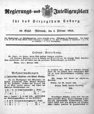 Regierungs- und Intelligenzblatt für das Herzogtum Coburg (Coburger Regierungs-Blatt) Mittwoch 3. Februar 1858