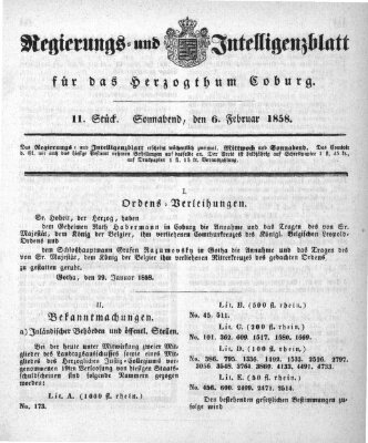 Regierungs- und Intelligenzblatt für das Herzogtum Coburg (Coburger Regierungs-Blatt) Samstag 6. Februar 1858