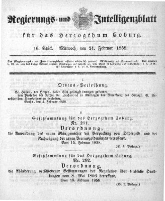 Regierungs- und Intelligenzblatt für das Herzogtum Coburg (Coburger Regierungs-Blatt) Mittwoch 24. Februar 1858