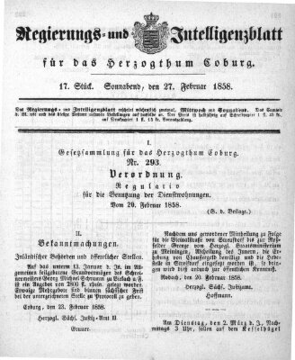 Regierungs- und Intelligenzblatt für das Herzogtum Coburg (Coburger Regierungs-Blatt) Samstag 27. Februar 1858