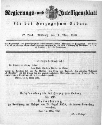 Regierungs- und Intelligenzblatt für das Herzogtum Coburg (Coburger Regierungs-Blatt) Mittwoch 17. März 1858