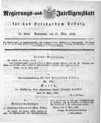 Regierungs- und Intelligenzblatt für das Herzogtum Coburg (Coburger Regierungs-Blatt) Samstag 27. März 1858