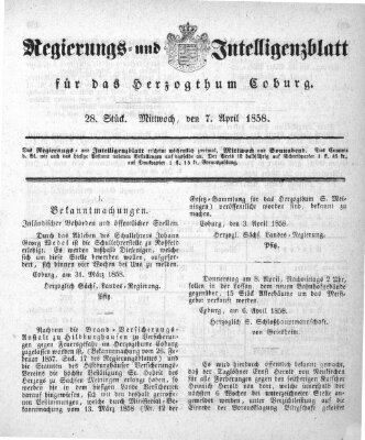 Regierungs- und Intelligenzblatt für das Herzogtum Coburg (Coburger Regierungs-Blatt) Mittwoch 7. April 1858