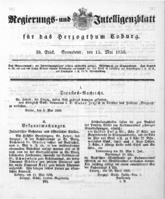 Regierungs- und Intelligenzblatt für das Herzogtum Coburg (Coburger Regierungs-Blatt) Samstag 15. Mai 1858