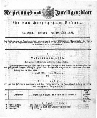 Regierungs- und Intelligenzblatt für das Herzogtum Coburg (Coburger Regierungs-Blatt) Mittwoch 26. Mai 1858