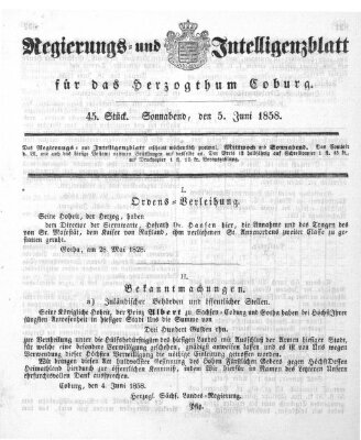 Regierungs- und Intelligenzblatt für das Herzogtum Coburg (Coburger Regierungs-Blatt) Samstag 5. Juni 1858