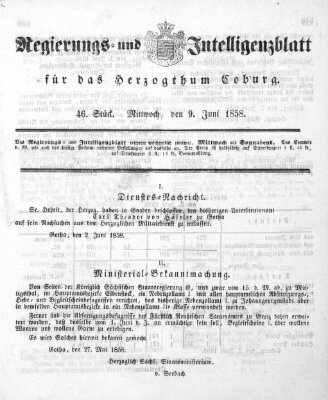 Regierungs- und Intelligenzblatt für das Herzogtum Coburg (Coburger Regierungs-Blatt) Mittwoch 9. Juni 1858