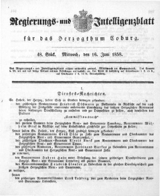 Regierungs- und Intelligenzblatt für das Herzogtum Coburg (Coburger Regierungs-Blatt) Mittwoch 16. Juni 1858