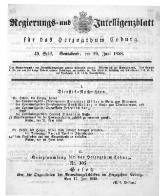 Regierungs- und Intelligenzblatt für das Herzogtum Coburg (Coburger Regierungs-Blatt) Samstag 19. Juni 1858