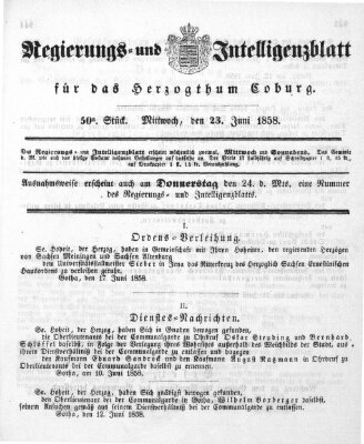 Regierungs- und Intelligenzblatt für das Herzogtum Coburg (Coburger Regierungs-Blatt) Mittwoch 23. Juni 1858