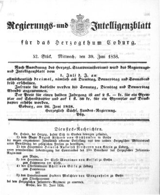 Regierungs- und Intelligenzblatt für das Herzogtum Coburg (Coburger Regierungs-Blatt) Mittwoch 30. Juni 1858