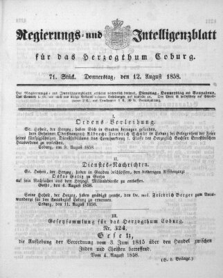 Regierungs- und Intelligenzblatt für das Herzogtum Coburg (Coburger Regierungs-Blatt) Donnerstag 12. August 1858