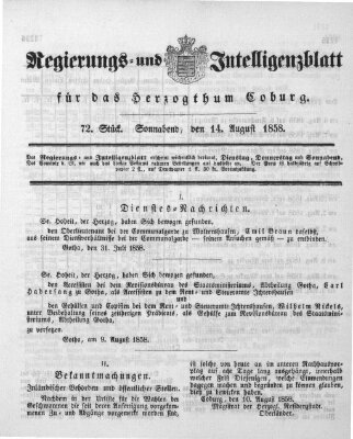 Regierungs- und Intelligenzblatt für das Herzogtum Coburg (Coburger Regierungs-Blatt) Samstag 14. August 1858